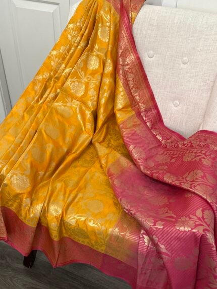 Traditional Mirpur Katan in Gorgeous Yellow-Pink with Golden Zari Work