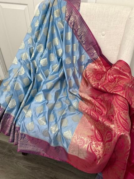 Traditional Mirpur Katan in Gorgeous Blue-Pink with Golden Zari Work